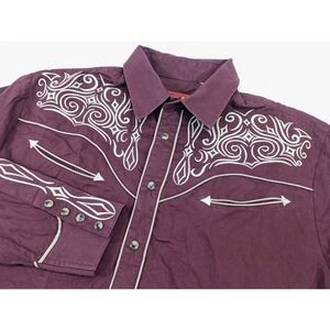 Rcco Rodeo Shirt‎ Mens LG Pearl Snap Western Embroidery Country Burgundy